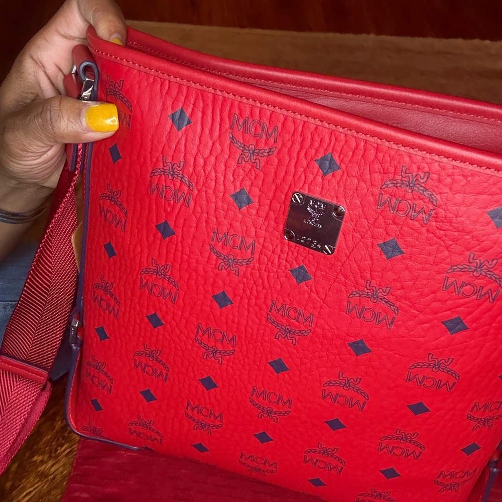 MCM Red Logo-Print Leather Crossbody Bag